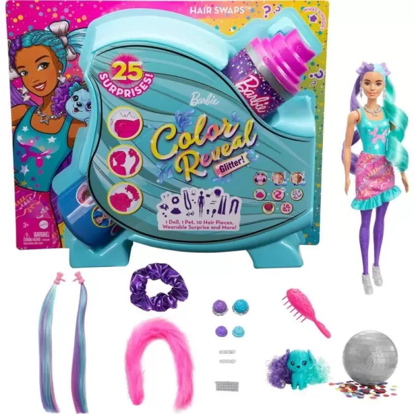 Barbie Color Reveal Glitter Hair Swaps Doll Glittery Pink with 25 Hairstyling amp PartyThemed Surprises Including 10 Plugin Hair Pieces Gift for Kids 3 Years Old amp UpBalloon