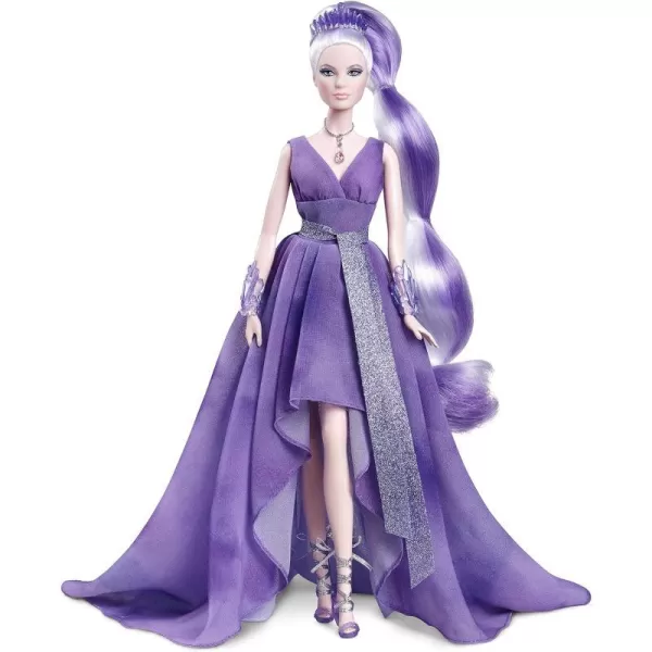 Barbie Crystal Fantasy Collection Amethyst Doll 13in Platinum Hair with Genuine Amethyst Stone Necklace Wearing Gown and Accessories Gift for CollectorsBarbie Crystal Fantasy Collection Amethyst Doll 13in Platinum Hair with Genuine Amethyst Stone Necklace Wearing Gown and Accessories Gift for Collectors