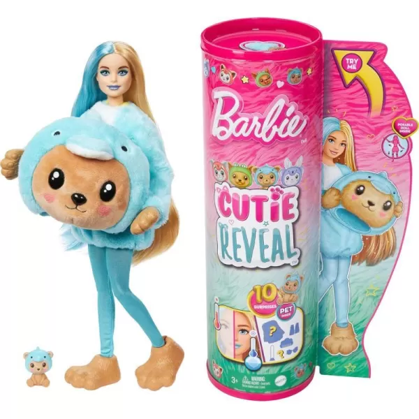 Barbie Cutie Reveal Doll  Accessories with Animal Plush Costume  10 Surprises Including Color Change Puppy as Frog in CostumeThemed SeriesTeddyDolphin