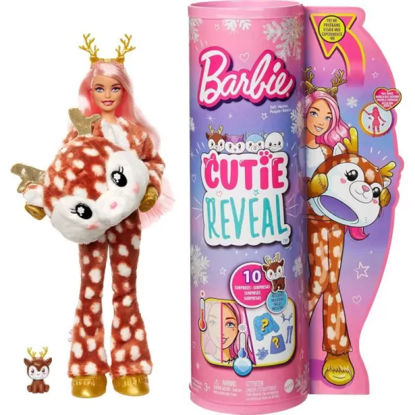 Barbie Cutie Reveal Doll Snowflake Sparkle Series Deer Plush Costume 10 Surprises Including Mini Pet amp Color ChangeDeer