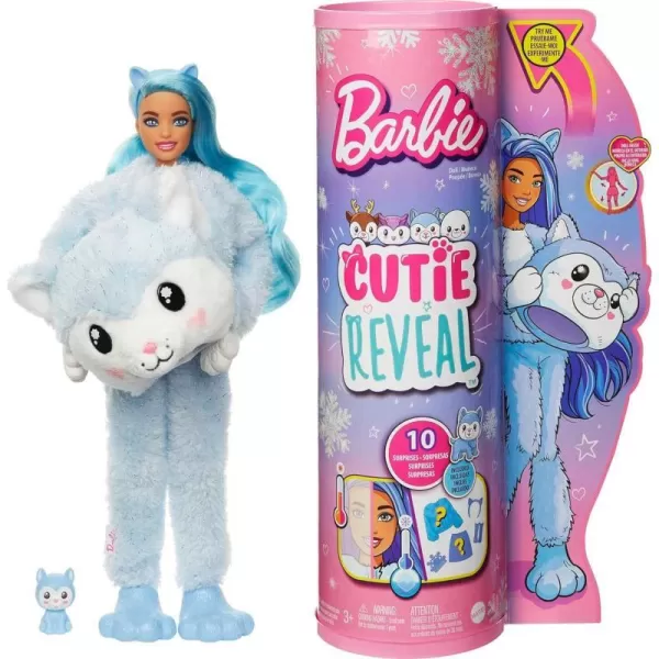 Barbie Cutie Reveal Doll Snowflake Sparkle Series Deer Plush Costume 10 Surprises Including Mini Pet amp Color ChangeHusky