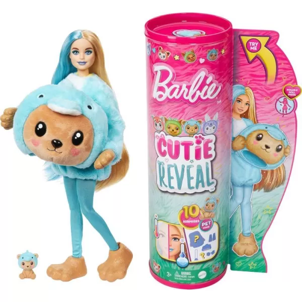 Barbie Cutie Reveal Doll amp Accessories with Animal Plush Costume amp 10 Surprises Including Color Change Kitten as Red Panda in Costume Themed SeriesTeddyDolphin