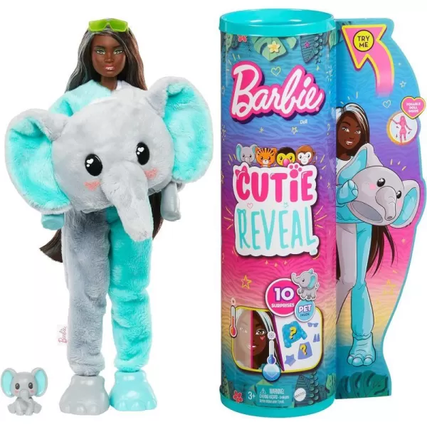 Barbie Cutie Reveal Fashion Doll Jungle Series Elephant Plush Costume 10 Surprises Including Mini Pet amp Color ChangeElephant