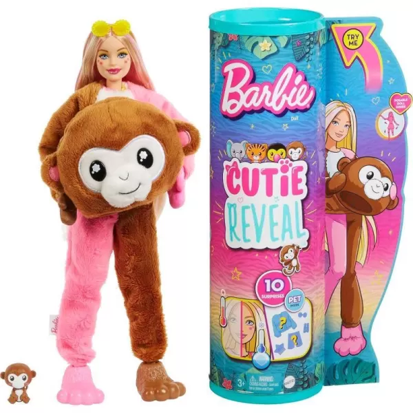 Barbie Cutie Reveal Fashion Doll Jungle Series Elephant Plush Costume 10 Surprises Including Mini Pet amp Color ChangeMonkey