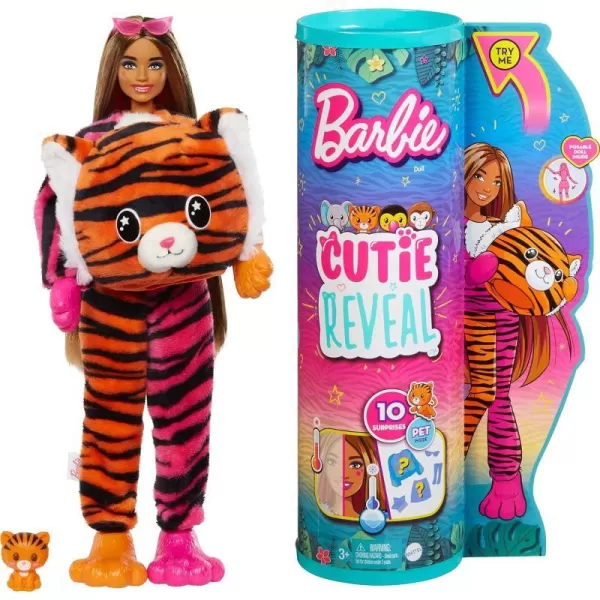 Barbie Cutie Reveal Fashion Doll Jungle Series Elephant Plush Costume 10 Surprises Including Mini Pet amp Color ChangeTiger