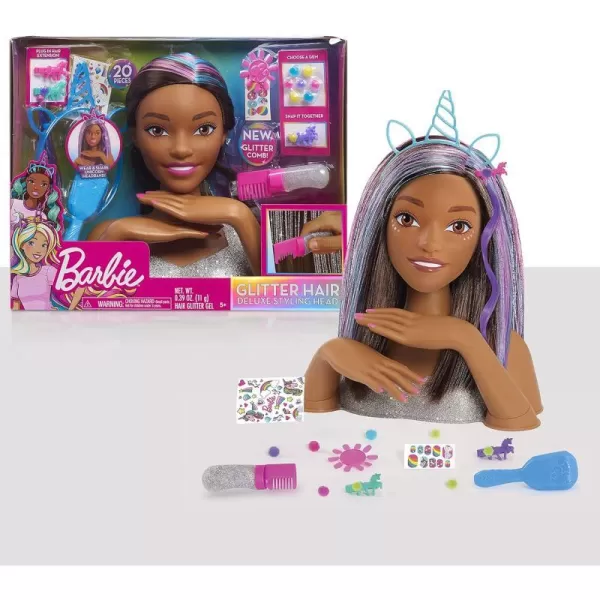 Barbie Deluxe 20Piece Glitter and Go Styling Head  Brown Hair Kids Toys for Ages 5 Up by Just PlayBarbie Deluxe 20Piece Glitter and Go Styling Head  Brown Hair Kids Toys for Ages 5 Up by Just Play