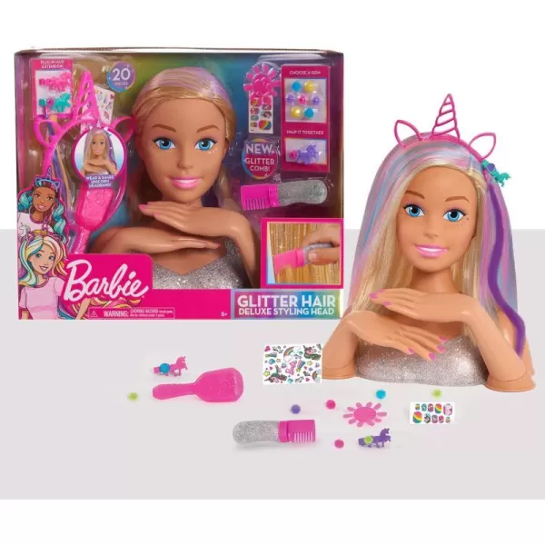 Barbie Deluxe 20Piece Glitter and Go Styling Head Blonde Hair and Unicorn Headband Kids Toys for Ages 5 Up by Just PlayBarbie Deluxe 20Piece Glitter and Go Styling Head Blonde Hair and Unicorn Headband Kids Toys for Ages 5 Up by Just Play