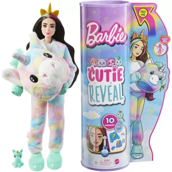 Barbie Doll Cutie Reveal Unicorn Plush Costume Doll with 10 Surprises Mini Pet Unicorn Color Change and Accessories Fantasy SeriesBarbie Doll Cutie Reveal Unicorn Plush Costume Doll with 10 Surprises Mini Pet Unicorn Color Change and Accessories Fantasy Series