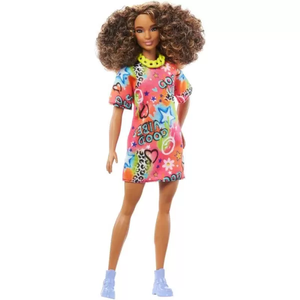 Barbie Doll Kids Toys Curly Black Hair and Petite Body Type Fashionistas Y2KStyle Clothes and AccessoriesGood Vibes TShirt Dress