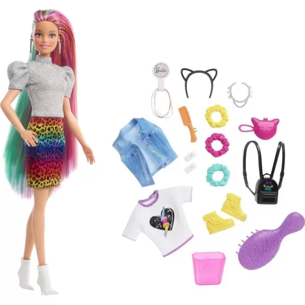 Barbie Doll Leopard Rainbow Hair with ColorChange Highlights amp 16 Styling Accessories Including Clothes Scrunchies Brush amp MoreBlue Eyes