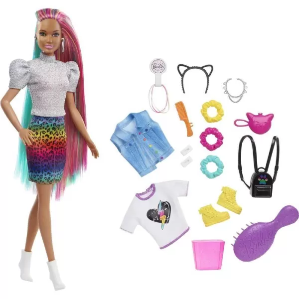 Barbie Doll Leopard Rainbow Hair with ColorChange Highlights amp 16 Styling Accessories Including Clothes Scrunchies Brush amp MoreBrown Eyes