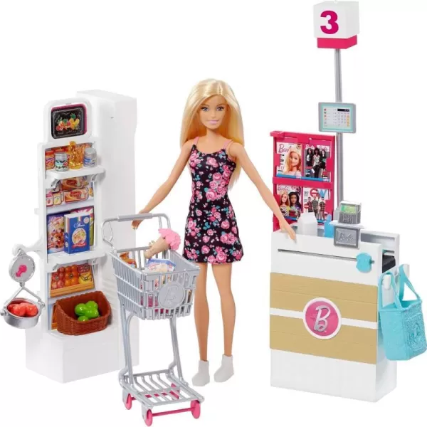 Barbie Doll amp Playset Supermarket with 25 Grocery StoreThemed Accessories Including Food CheckOut Counter amp ShelvesSupermarket