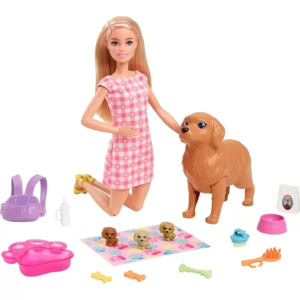 Barbie Doll ampamp Pets Brunette Doll with Mommy Dog 3 Newborn Puppies with ColorChange Feature ampamp Pet AccessoriesNewborn Pups  Blonde