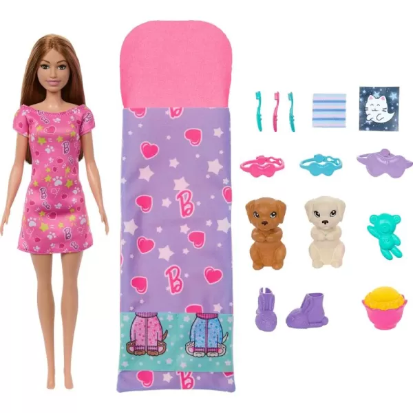 Barbie Doll ampamp Playset with 2 Toy Dog Figures ampamp 10 Accessories Puppy Slumber Party with ColorChange Feature Sleeping Bag Eye Masks ampamp More