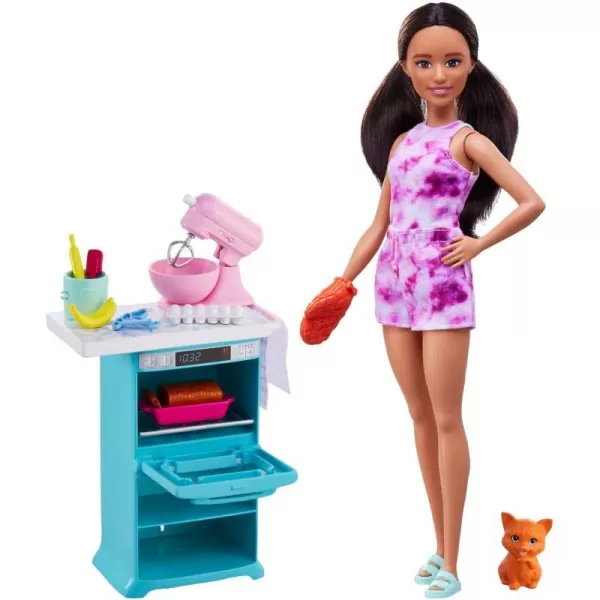 Barbie Doll and Kitchen Playset Petite Brunette with Pet Kitten and Baking Accessories Oven and Spinning MixerBrunette Multi