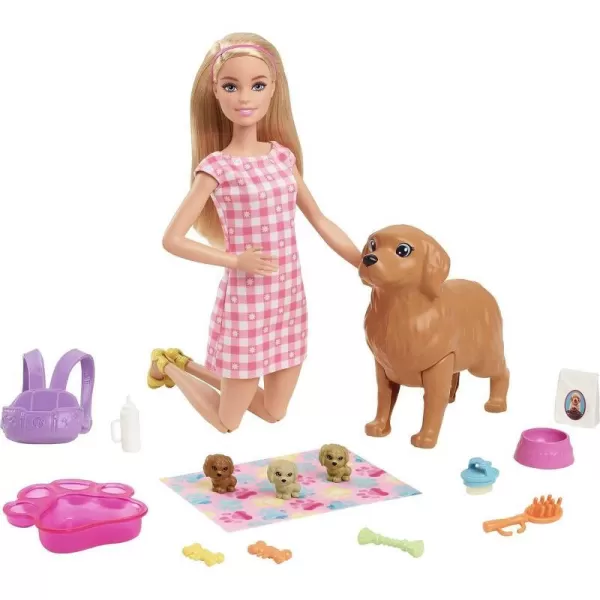 Barbie Doll and Pets Blonde Doll with Mommy Dog 3 Newborn Puppies with ColorChange Feature and Pet AccessoriesNewborn Pups  Blonde