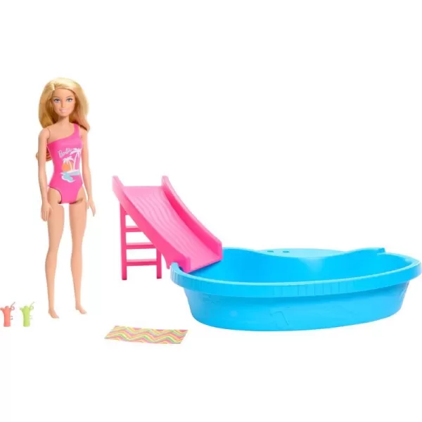 Barbie Doll and Pool Playset Blonde in Tropical Pink OnePiece Swimsuit with Pool Slide Towel and Drink AccessoriesBarbie Doll and Pool Playset Blonde in Tropical Pink OnePiece Swimsuit with Pool Slide Towel and Drink Accessories