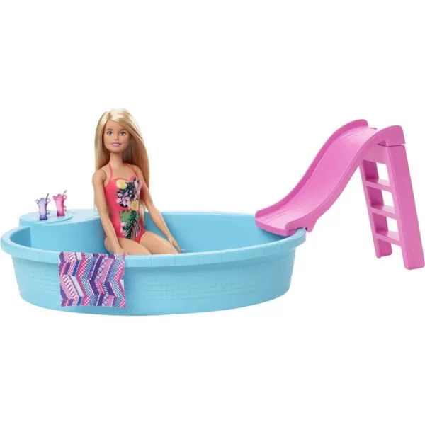 Barbie Doll and Pool Playset with Pink Slide Beverage Accessories and Towel Brunette Doll in Floral SwimsuitBlonde