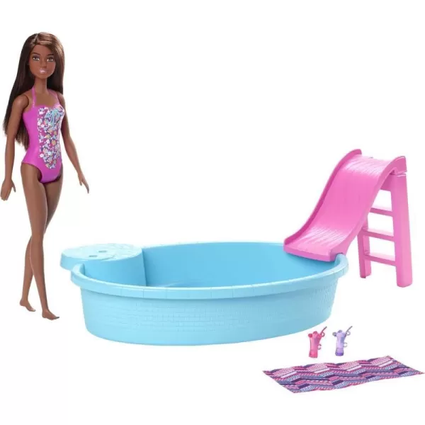 Barbie Doll and Pool Playset with Pink Slide Beverage Accessories and Towel Brunette Doll in Floral SwimsuitMulti