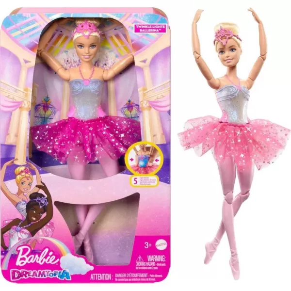 Barbie Dreamtopia Doll Twinkle Lights Posable Ballerina with 5 LightUp Shows Sparkly Purple Tutu Black Hair  TiaraPink