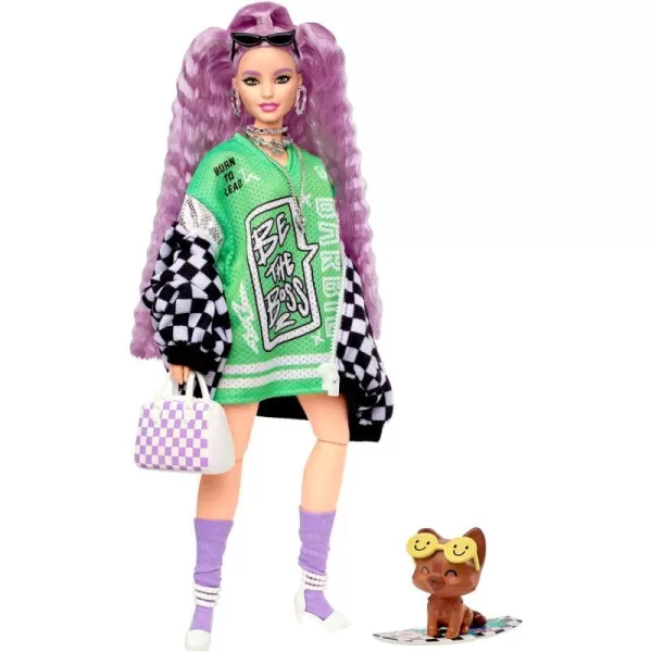 Barbie Extra Doll amp Accessories with Crimped Lavendar Hair amp Brown Eyes 15 Toy Pieces Include Pet PuppyLavender Hair Racecar Jacket