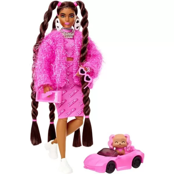 Barbie Extra Doll amp Accessories with Long Brunette Styled Hair in Pink 2Piece Outfit with Sparkly Jacket amp Pet PuppyBrunette Hair Sparkly Jacket Multicolor