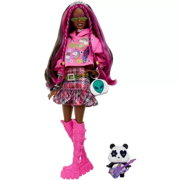 Barbie Extra Doll amp Accessories with PinkStreaked Brunette Hair in Graphic Hoodie amp Plaid Skirt with Pet PandaPink Streaked Graphic Hoodie Multicolor