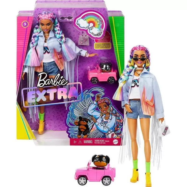 Barbie Extra Doll amp Accessories with Rainbow Braids in LongFringe Denim Jacket with Pet Puppy and Car for PetBarbie Extra Doll amp Accessories with Rainbow Braids in LongFringe Denim Jacket with Pet Puppy and Car for Pet