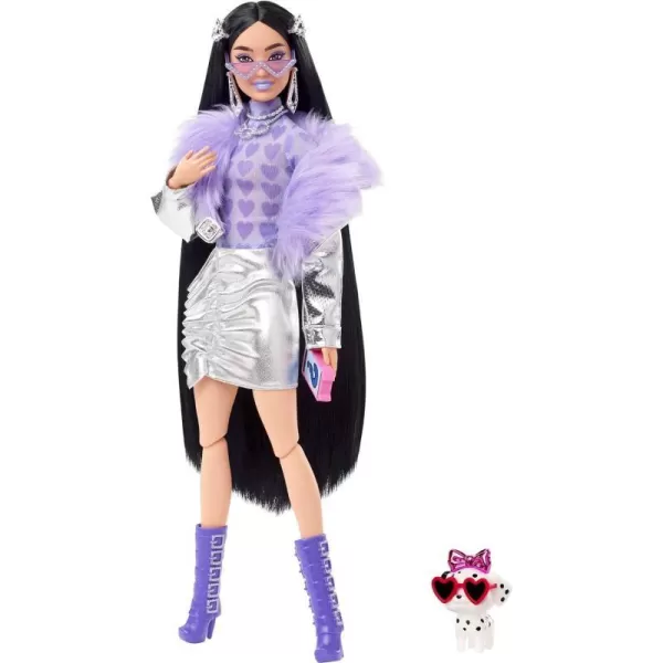 Barbie Extra Doll and Accessories with Black Hair Lavender Lips Metallic Silver Jacket and Pet Dalmatian PuppyModern Multicolor