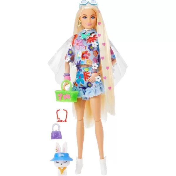 Barbie Extra Doll and Accessories with ExtraLong Blonde Hair Wearing Floral Outfit amp Poncho with Pet Bunny 12 inchBonde Floral Fashion