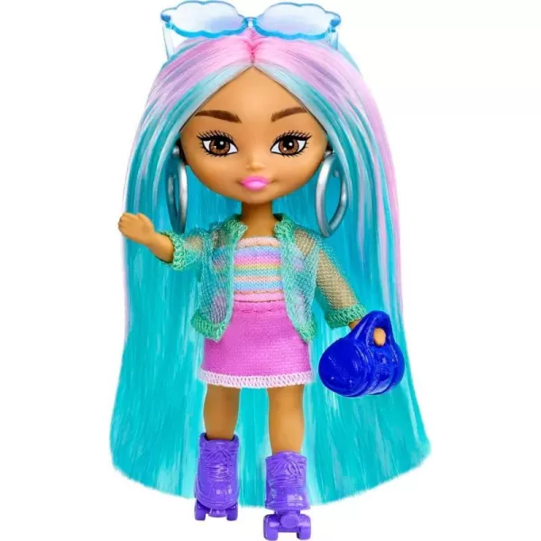 Barbie Extra Mini Minis Doll with Blue Hair Sporty Outfit Roller Skates amp Accessories amp Stand 325inchRainbow Hair