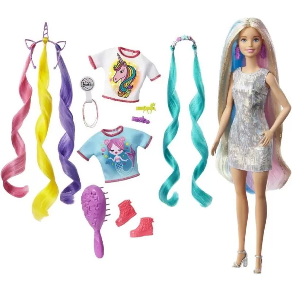 Barbie Fantasy Hair Doll amp Accessories Long Colorful Blonde Hair with Mermaid and UnicornInspired ClothesBlonde