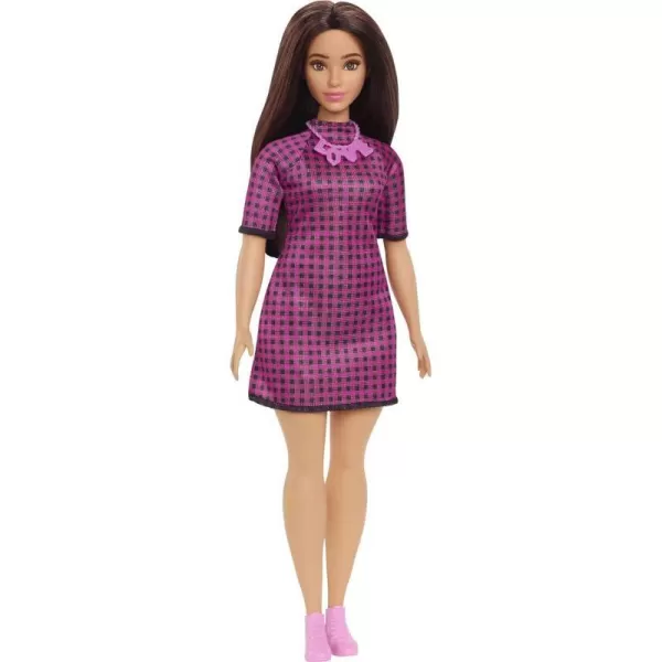 Barbie Fashionistas Doll 188 with Curvy Shape Black Hair Checkered Dress Pink Sneakers amp Necklace AccessoryBarbie Fashionistas Doll 188 with Curvy Shape Black Hair Checkered Dress Pink Sneakers amp Necklace Accessory