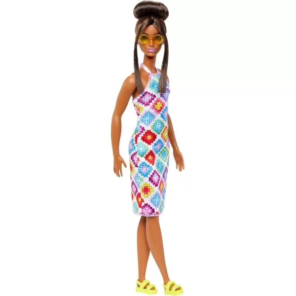 Barbie Fashionistas Doll 210 with Brown Hair in Bun Wearing Colorful Crochet Halter Dress Sunglasses and SandalsBarbie Fashionistas Doll 210 with Brown Hair in Bun Wearing Colorful Crochet Halter Dress Sunglasses and Sandals