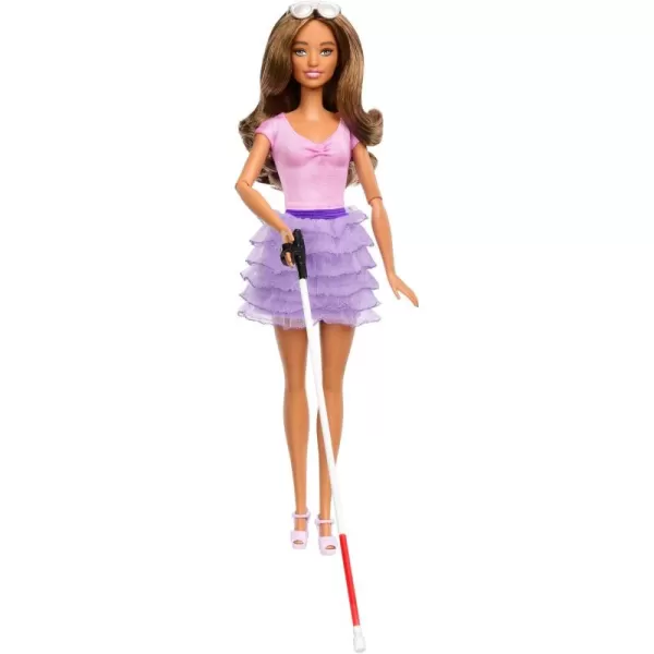 Barbie Fashionistas Doll 228 Blind Doll Wearing Pink Top and Ruffled Skirt with Cane and Sunglasses in Partnership with The American Foundation for The Blind