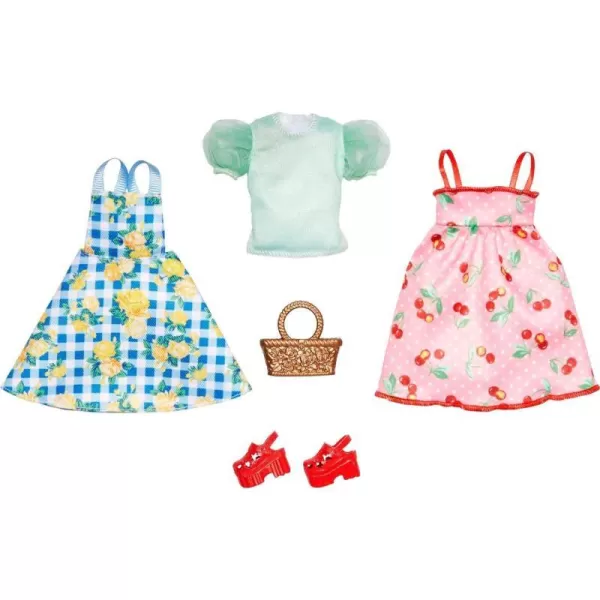 Barbie Fashions Doll Clothes and Accessories Set 2 PicnicThemed Dresses with Basket and Shoes for 2 Complete OutfitsPicnic Multicolor