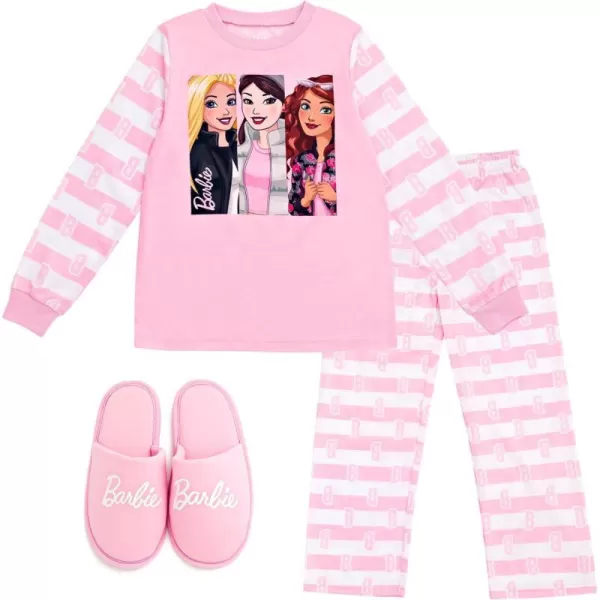 Barbie Girls Pajama Shirt Pants and Slippers 3 Piece Little Kid to Big KidPink