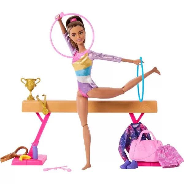 Barbie Gymnastics Doll  Accessories Playset with Brunette Fashion Doll CClip for Flipping Action Balance Beam WarmUp Suit  MoreBrunette