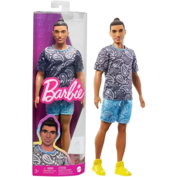 Barbie Ken Doll Kids Toys Fashionistas Brown Hair in Bun Paisley Tee and Shorts Clothes and AccessoriesPaisley