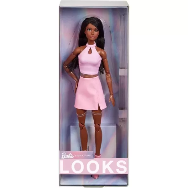 Barbie Looks Doll Collectible No 21 with Black Braids ampamp Modern Y2K Fashion Pink Halter Top ampamp FauxLeather Skirt with Ankle Boots