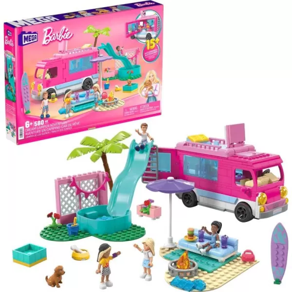 Barbie MEGA Barbie Car Building Toys Playset Dream Camper Adventure With 580 Pieces 4 MicroDolls and Accessories Pink For Kids Age 6 YearsDreamCamper