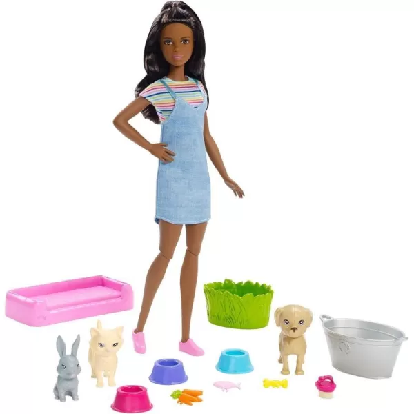 Barbie Play N Wash Pets Doll amp Playset with 3 ColorChange Animals amp 10 Accessories Blonde Doll with Blue EyesBrunette