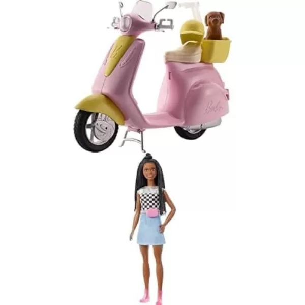 Barbie Scooter with Puppy and Helmet Accessory Pink and Yellow Moped with Basket Kickstand and Seat Clip for DollBarbie Scooter  Doll