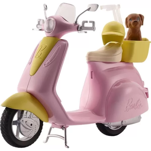 Barbie Scooter with Puppy and Helmet Accessory Pink and Yellow Moped with Basket Kickstand and Seat Clip for DollScooter