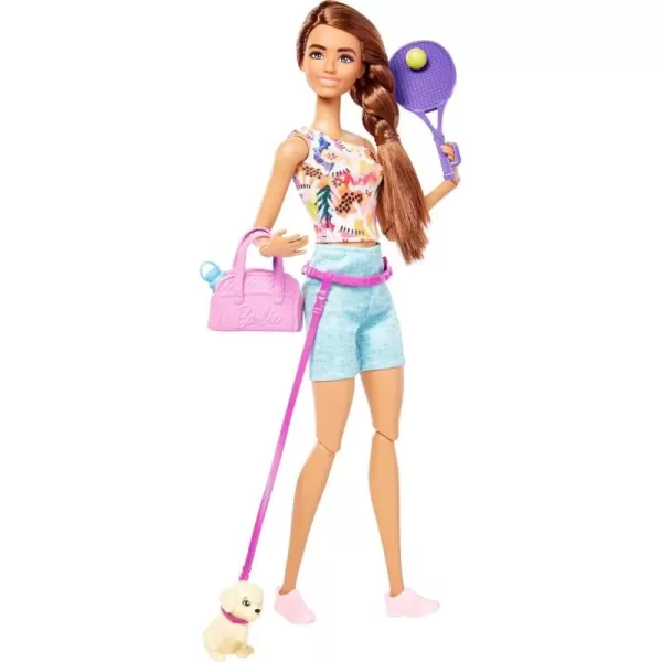 Barbie SelfCare Doll Brunette Posable Workout Doll with Puppy ampamp Accessories Including Roller Skates ampamp Tennis RacketsDoll