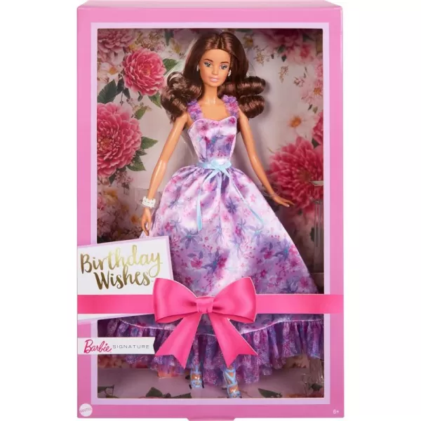 Barbie Signature Birthday Wishes Doll Collectible in Satiny Lilac Dress with Wavy Brown Hair