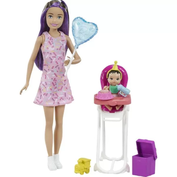 Barbie Skipper Babysitter Inc Playset Birthday Feeding Set with Skipper Doll ColorChange Baby Doll High Chair amp AccessoriesBrunette Multi