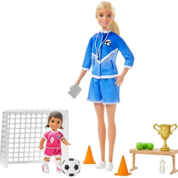 Barbie Soccer Coach Playset with Blonde Soccer Coach Doll Student Doll and Accessories Soccer Ball Clipboard Goal Net Cones Bench and More for Ages 3 and UpMulti