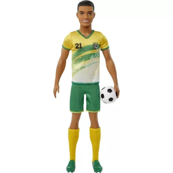 Barbie Soccer Ken Doll with Cropped Hair Colorful 10 Uniform Soccer Ball Cleats amp Tall Socks Soccer Ball 115 inchesYellow Jersey Multicolor