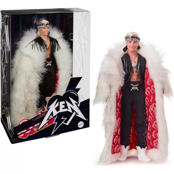 Barbie The Movie Collectible Ken Doll Wearing Big Faux Fur Coat and Black Fringe Vest with BandanaBarbie The Movie Collectible Ken Doll Wearing Big Faux Fur Coat and Black Fringe Vest with Bandana